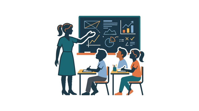 Female teacher explaining data charts on chalkboard to elementary students illustration.