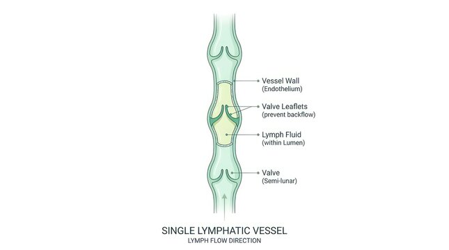 Diagram showing anatomy of single lymphatic vessel including valves and flow direction.