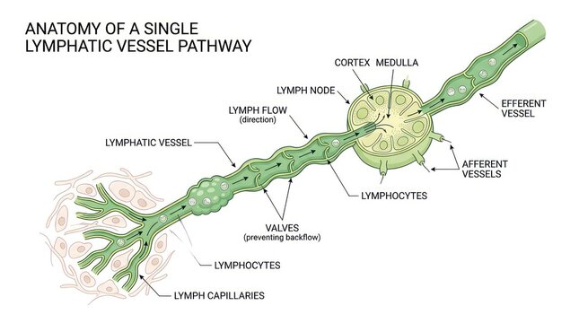 Anatomy of single lymphatic vessel pathway featuring node and afferent efferent vessels.