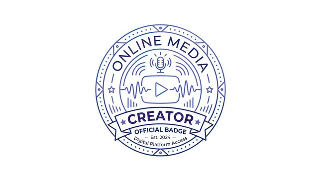 Online media creator official badge established 2024 with digital platform access illustration.