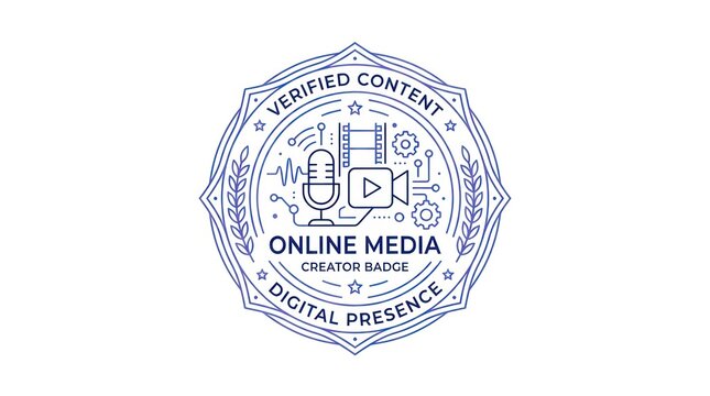 Verified content online media creator badge with digital presence and production tools.
