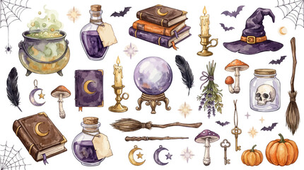 Hand drawn halloween magic set featuring witch hat cauldron potion bottles crystal ball wands mushrooms pumpkins bats books and mystical symbols in watercolor style with displays collection magical © craftsby.ib