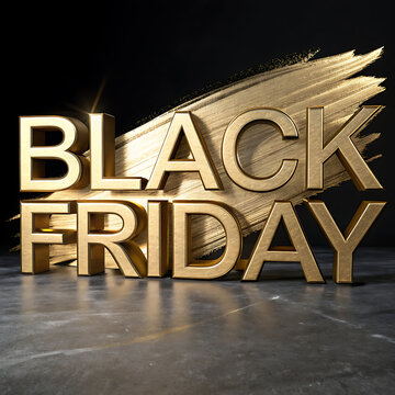 Gold three dimensional rendering of the text black friday with a brushed stroke effect three dimensional