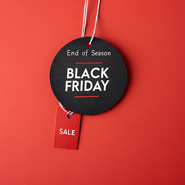 Circular black friday tag with text on a red background retail promotion sale discount shopping