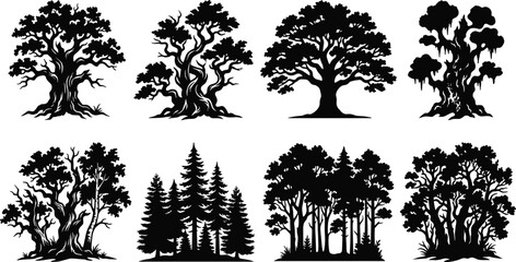 Black tree silhouettes collection featuring oak, pine, and forest vector elements isolated on a clean white background © MdSaiful