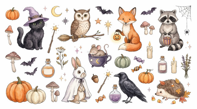 Whimsical woodland halloween collection featuring cute animals and magical elements in watercolor style for seasonal decor with magical symbols white background painted watercolor illustrations fall