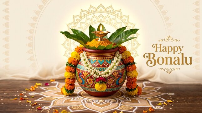 Golden aura mandala with decorated brass pot for happy bonalu festival and indian ethnic hospitality or traditional wedding event greeting