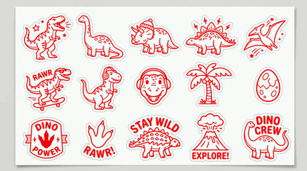 Dinosaur illustrations in red color. © Genis