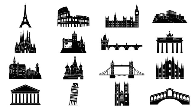 Black silhouettes of famous landmarks icons.