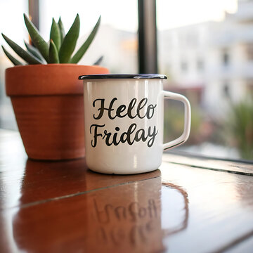 Enamel mug with handwritten text and succulent plant shallow depth of field enamelware cup enameled