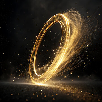 Golden circular light trail with sparkling particles against a dark background circle shape glowing ring