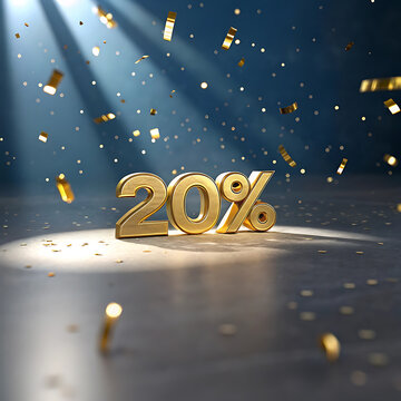 Golden three dimensional rendering of the number twenty percent with confetti sparkles render three dimensional sign