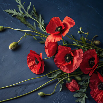 Red poppy flowers with green stems and seed pods on a dark background annuals botanical