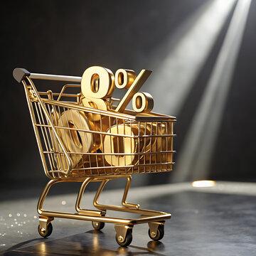 Golden shopping cart filled with golden percent signs a 3d rendering render retail market basket