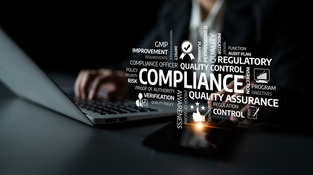 Visual representation of compliance and quality assurance concepts with technology elements, emphasizing the importance of regulatory standards and effective management in business. Tessel