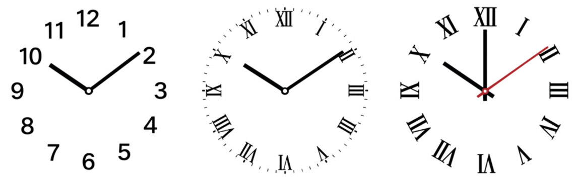  Vector illustration of analog clock icons with Arabic and Roman numerals, timekeeping artwork, traditional design element, chronological symbol
