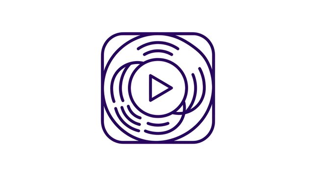 Rounded square app icon with play button and concentric circular sound wave audio motif.