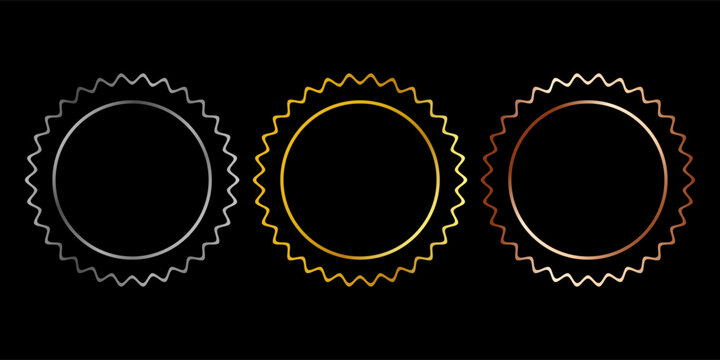 Gold, silver and bronze metal circle frames 3d vector realistic illustration. First, second and third place medals or buttons isolated on white background. Certified. Quality blank, empty badge set.