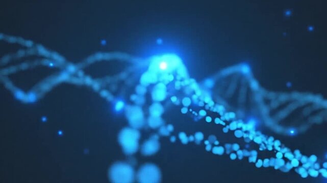 A glowing digital representation of a double helix structure floating in dark space