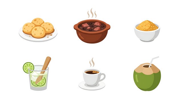 A colorful vector graphic illustration of various traditional Brazilian foods and drinks