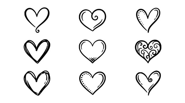 Hearts with Various Stylized Designs Arranged in a 3x3 Grid Featuring Heart, Love, Symbol with Design and Illustration Elements