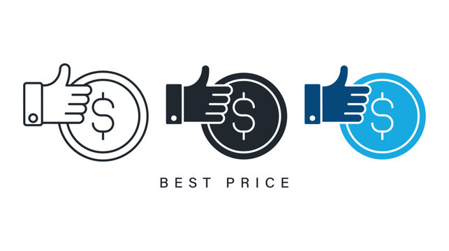 set of best price icons featuring hand holding a coin