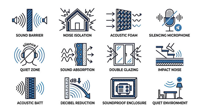 Soundproofing and Noise Reduction Icons: Acoustic Barrier, Isolation, Foam, Glazing