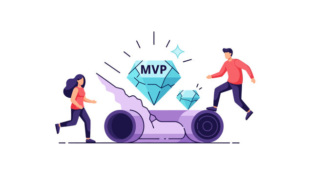 MVP Minimum Viable Product Concept Illustration: People Discovering Valuable Gem Breaking Through Barrier