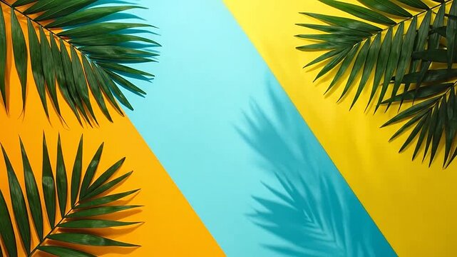 Tropical palm leaves arranged on a vibrant background of yellow, orange and blue paper