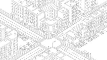 Fototapeta premium Isometric city street intersection with buildings and cars line art