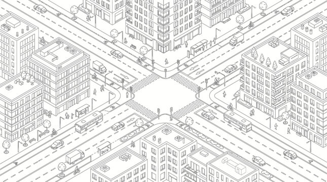 Isometric city intersection with urban buildings and traffic line art
