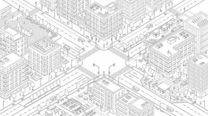 Fototapeta premium Isometric city street intersection with buildings and people line art