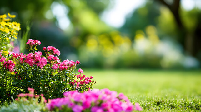 A beautifully landscaped garden with a soft, blurry background, perfect for summer