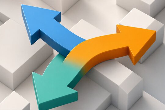 Three overlapping arrows indicating divergent directions, symbolizing corporate strategy, critical decisions, and multiple business opportunities at a crossroad.