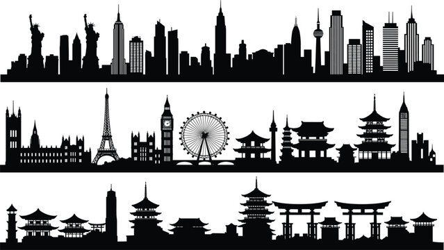 Silhouettes of global skylines including New York City landmarks, European icons, and East Asian pagodas representing cultural diversity