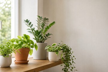 Fototapeta premium 窓辺に並ぶ観葉植物とハーブの明るい室内