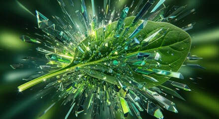 Fototapeta premium Vibrant Green Leaf Exploding with Crystalline Energy and Light.