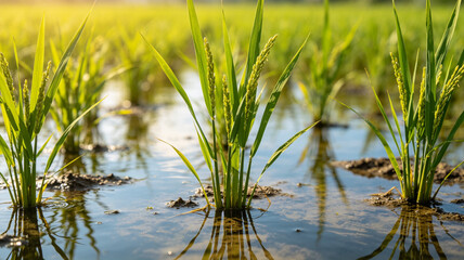 Obraz premium Close-up of lush green rice stalks with young grains growing in a flooded paddy field under bright sunlight, reflecting in the calm water.