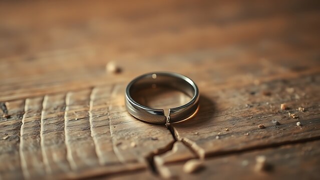 A broken wedding ring lies on wood with a visible crack and side lighting.