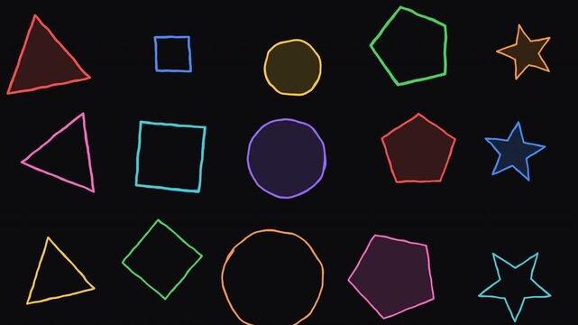 Playful hand-drawn geometric shapes including triangles, squares, and circles vibrating on screen.