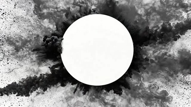 A circular frame surrounded by a dramatic explosion of dark black powder particles