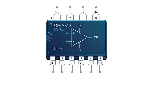 Diagram of dip 8 ic 741 operational amplifier with pinout configuration for circuit design.