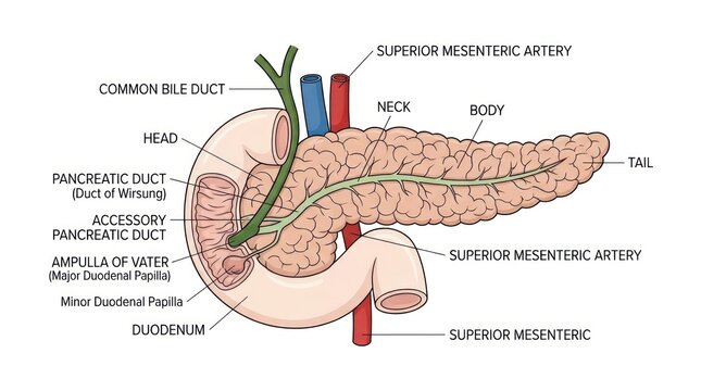 Anatomical illustration showing human pancreas structure with its surrounding major vessels.