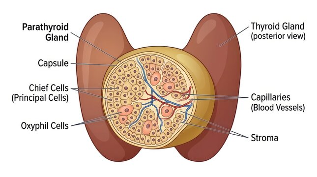 Detailed histology view of human parathyroid gland with labeled cellular components system.