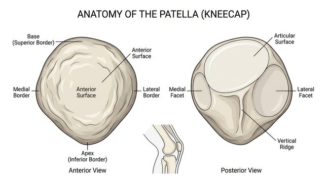 Anatomical diagram of patella bone showing anterior and posterior surface views details.