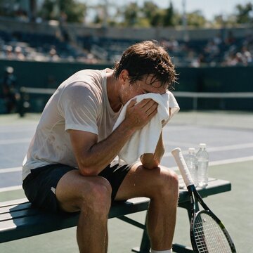 Exhausted Tennis Player Resting on Bench