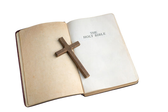 Open Holy Bible with Wooden Cross. Isolated on transparent background.