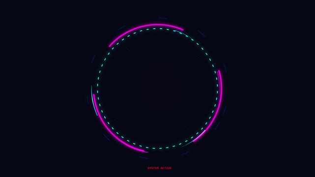 Abstract glowing neon circular frame with digital data points, futuristic HUD element, dark background