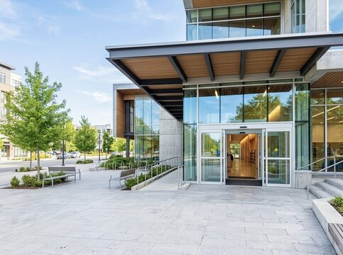 Modern Public Library Entrance with Open Glass Doors