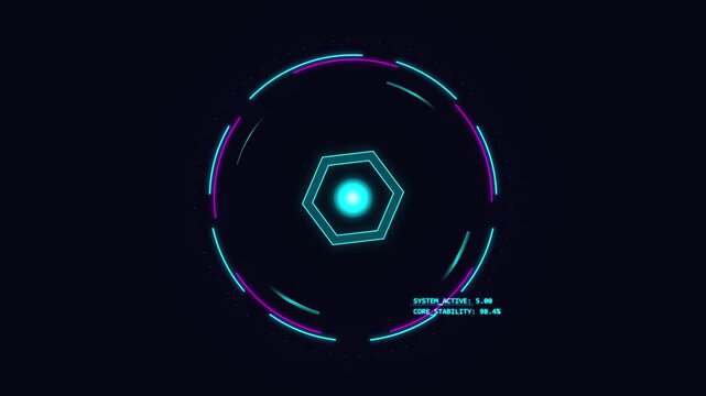 abstract technological target hud interface, futuristic radar scan, digital display circle element, glowing cyan and magenta lights